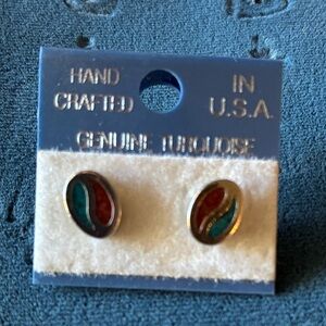 Hand Crafted Inlay Oval Stud Earrings - Teal & Red